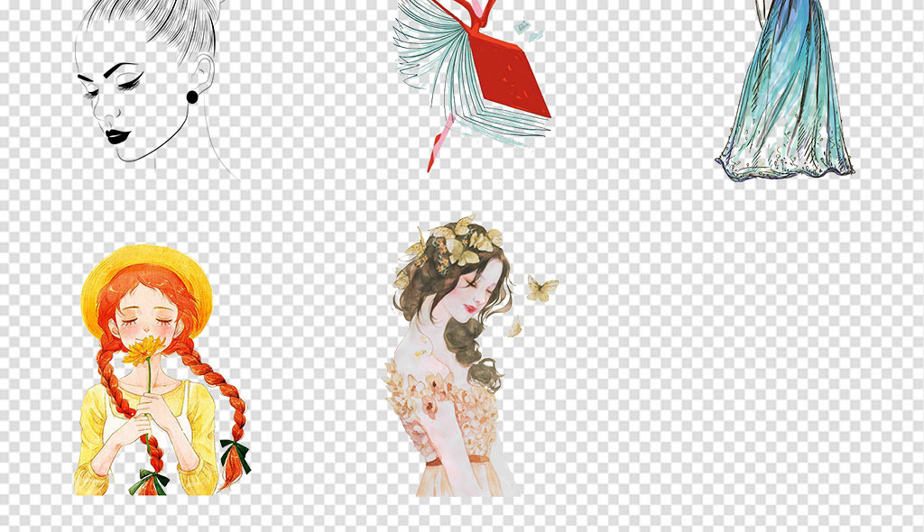 唯美卡通手绘女孩美女插画png免抠素材图片_模板下载