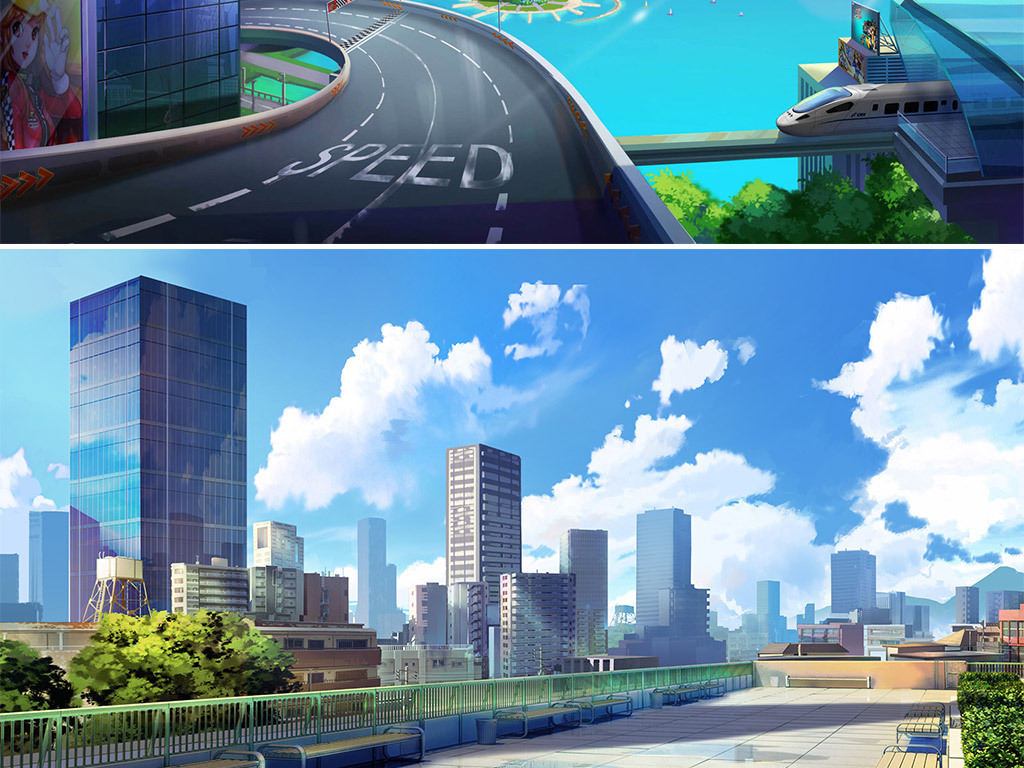 插画手绘云海天空城市建筑背景
