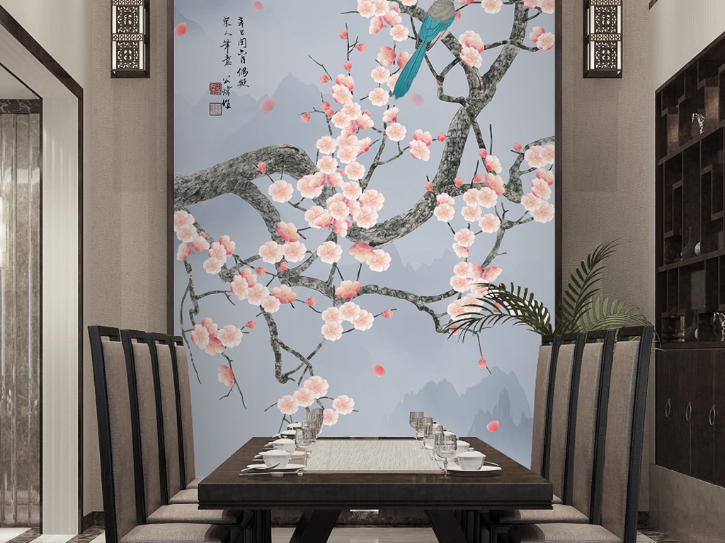 动物花鸟玄关 > 新中式水墨山水梅花花鸟玄关背景墙装饰画  素材图片