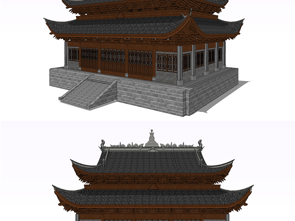 中式仿古建筑模型山地仿古寺庙建筑