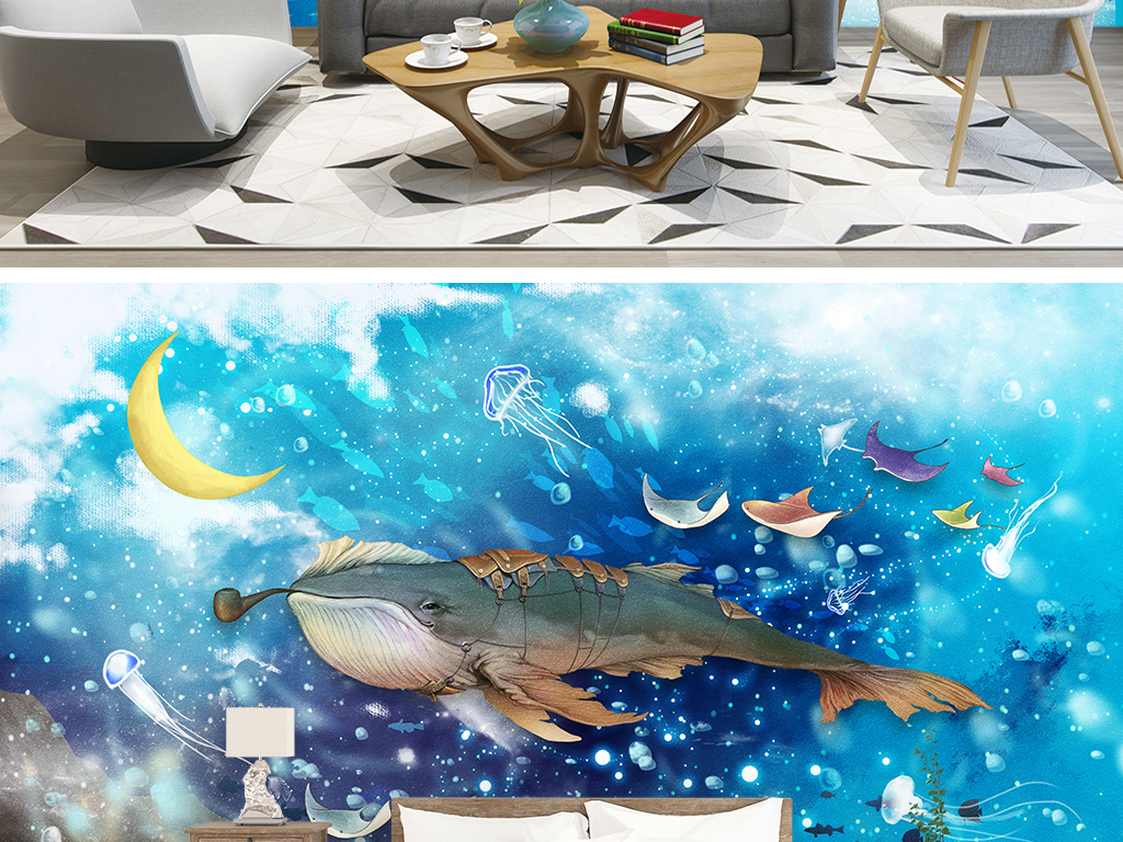原创梦幻唯美海洋大鱼鲸鱼儿童房背版权可商用