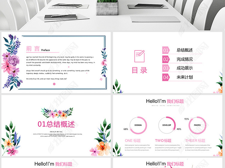 手绘水彩风婚礼策划师年终总结PPT动态模板封