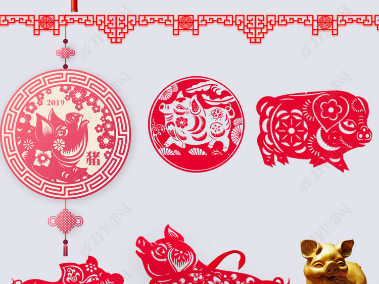 2019猪年春节新年灯笼剪纸花边psd