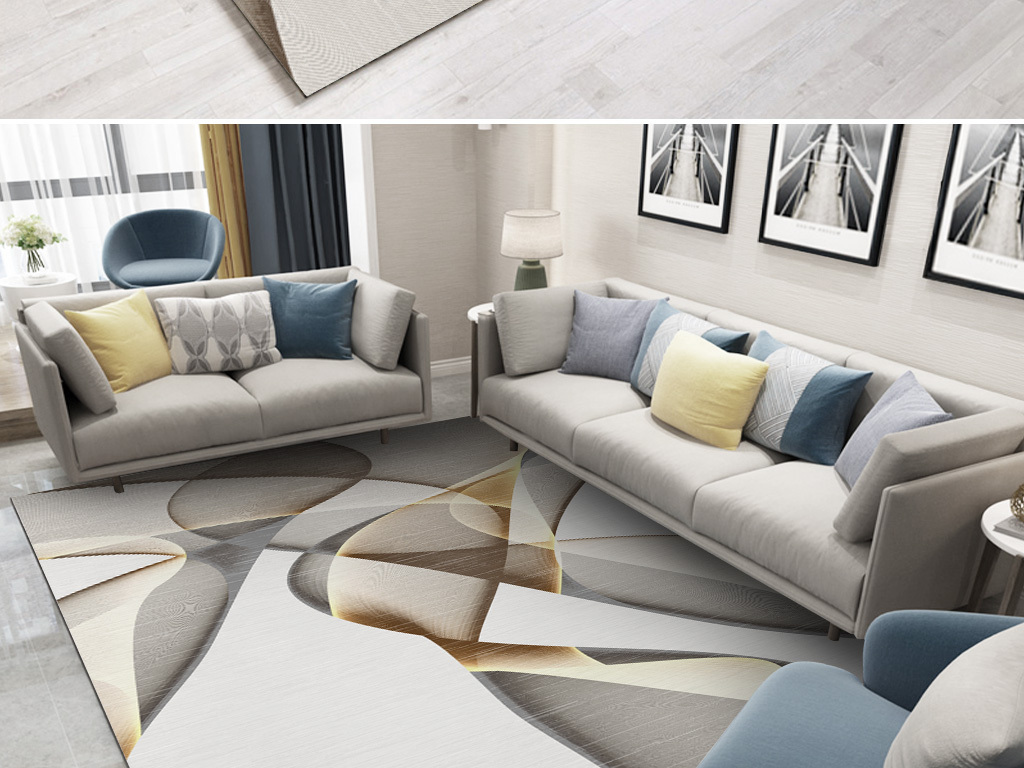 现代简约抽象水墨线条几何客厅沙发地毯地垫