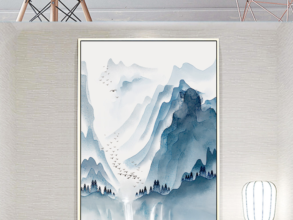现代简约新中式水墨意境山水玄关装饰画图片设计素材