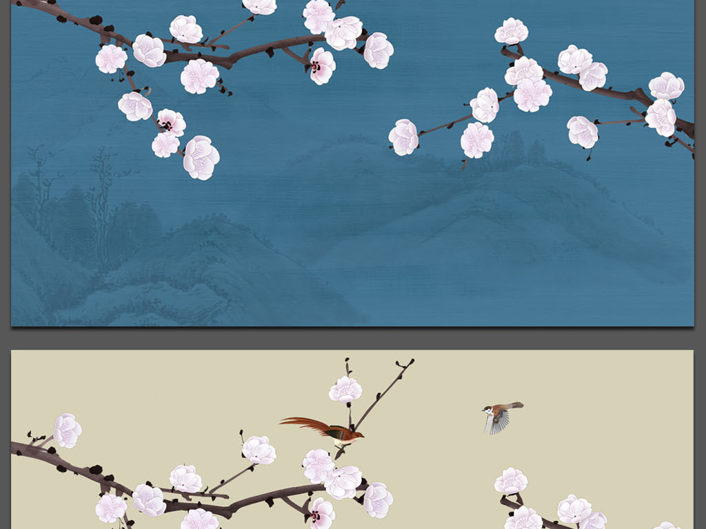 新中式手绘梅花花鸟山水电视背景墙装饰画