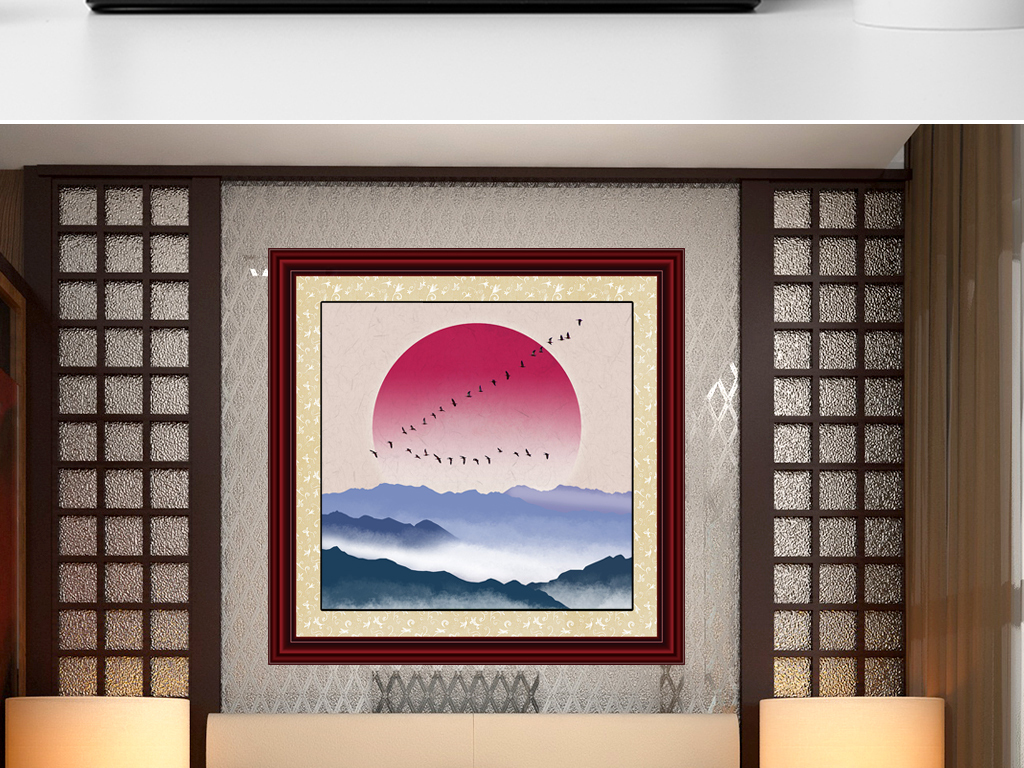 原创新中式手绘效果古风山水红日装饰画