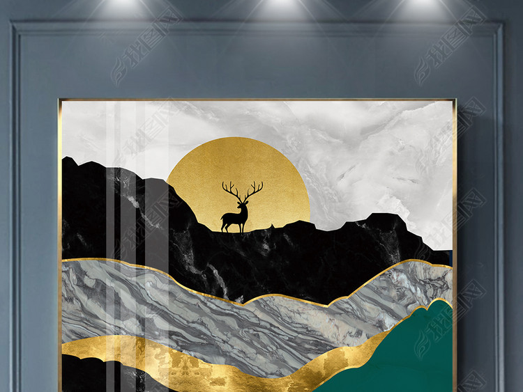 创意新中式金色山水麋鹿晶瓷画北欧装饰画