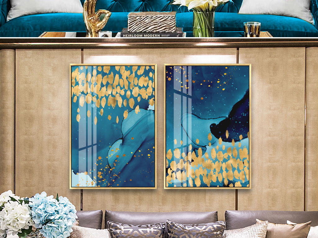 轻奢金色星星蓝色水墨装饰画晶瓷画图片设计素材_高清