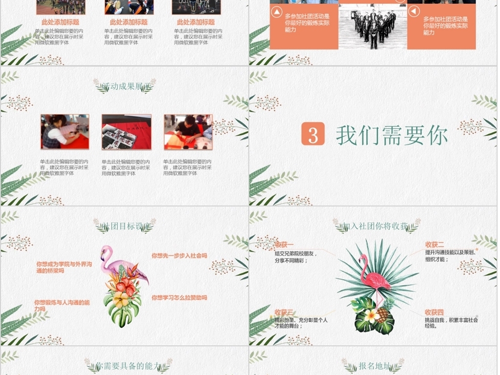 小清新简约火烈鸟大学学生会社团招新ppt模板