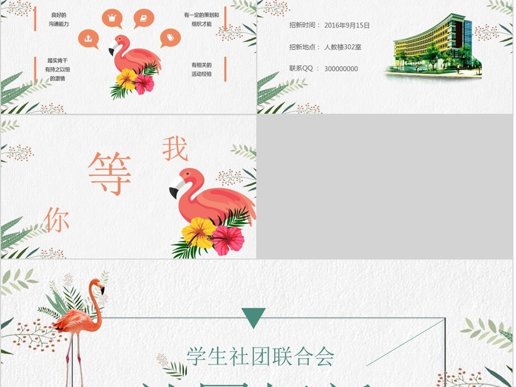 小清新简约火烈鸟大学学生会社团招新ppt模板