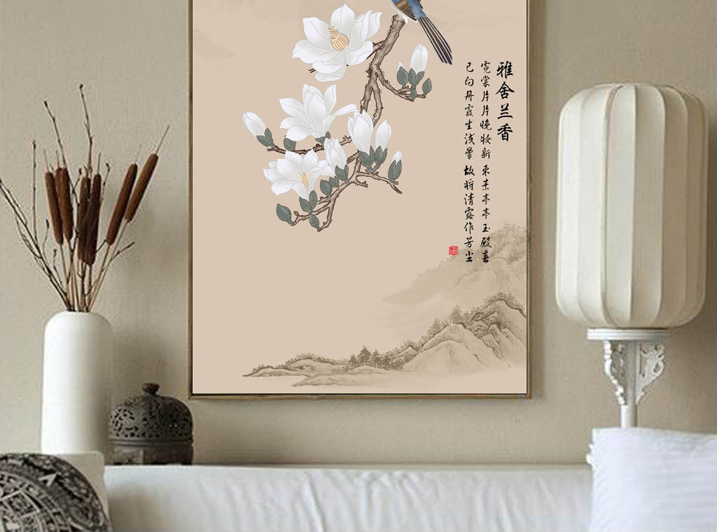 雅舍兰香玉兰喜鹊中式玄关背景墙