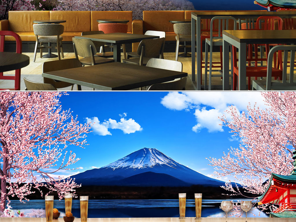 日式壁画富士山樱花日式寿司料理店背景墙