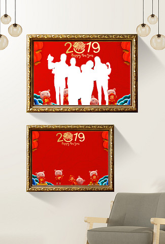 ps2019猪年全家福模板中国风红色喜庆影楼合