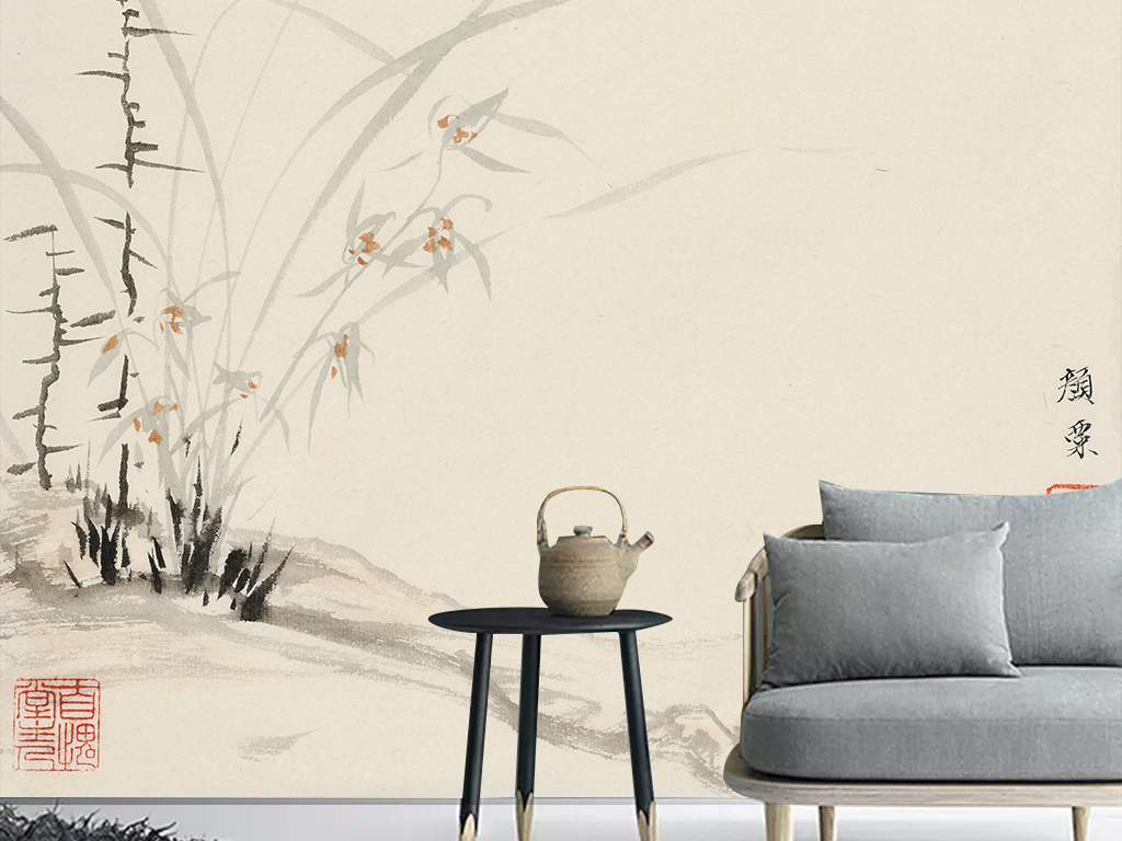 中式兰花国画工笔字画电视背景墙壁画装饰画