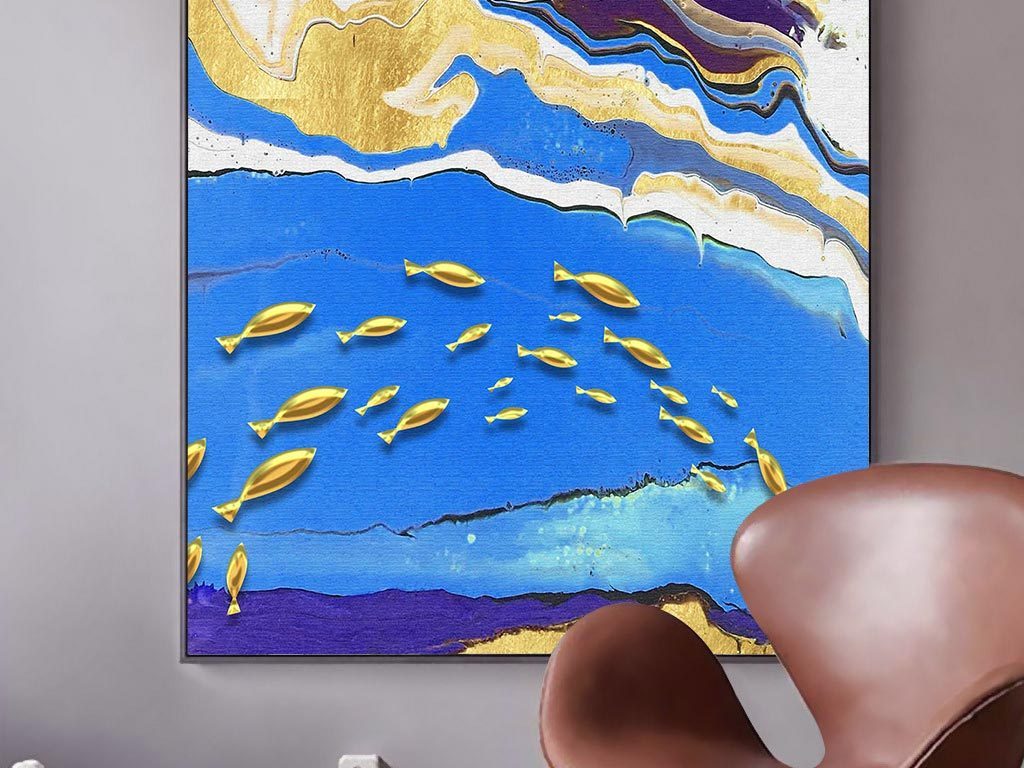 新中式现代简约抽象金色碧海鱼群装饰画