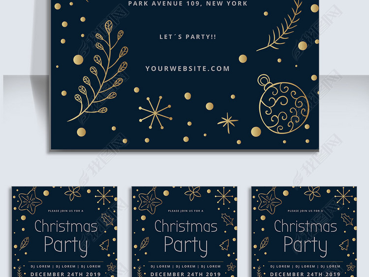 金色装饰图案深蓝色背景圣诞节海报设计模板