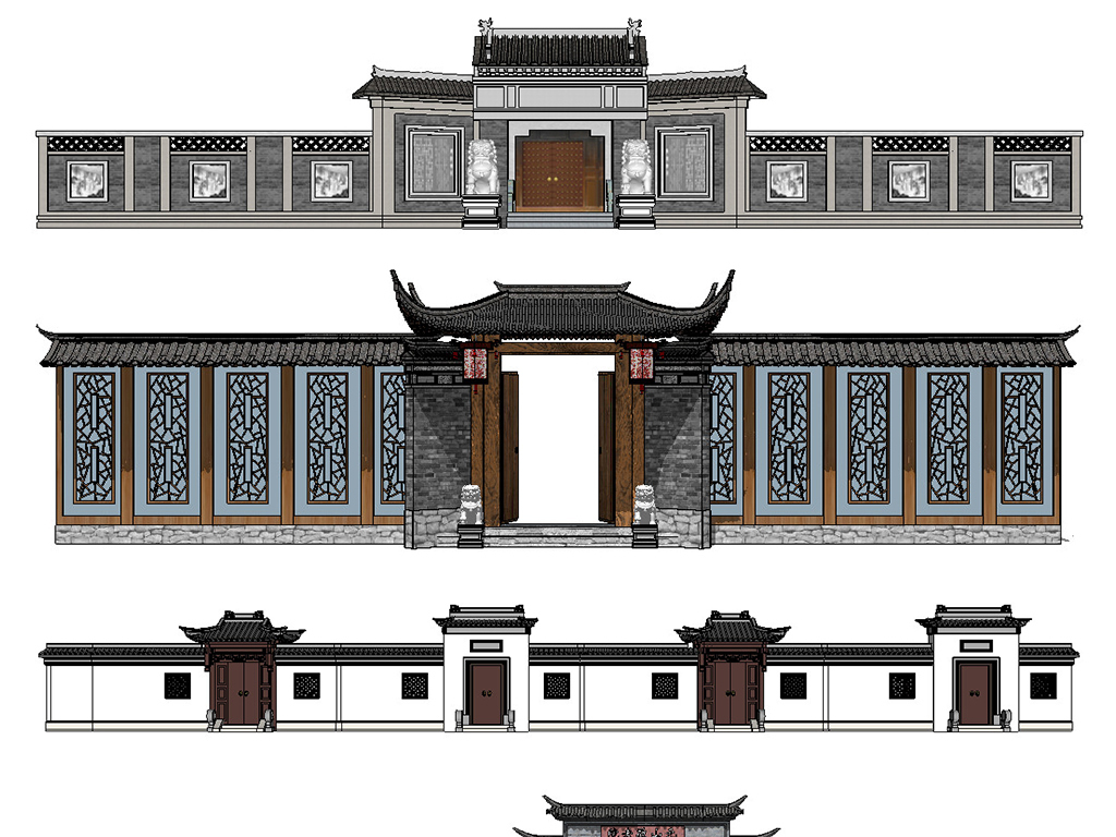 中式院门围墙su模型