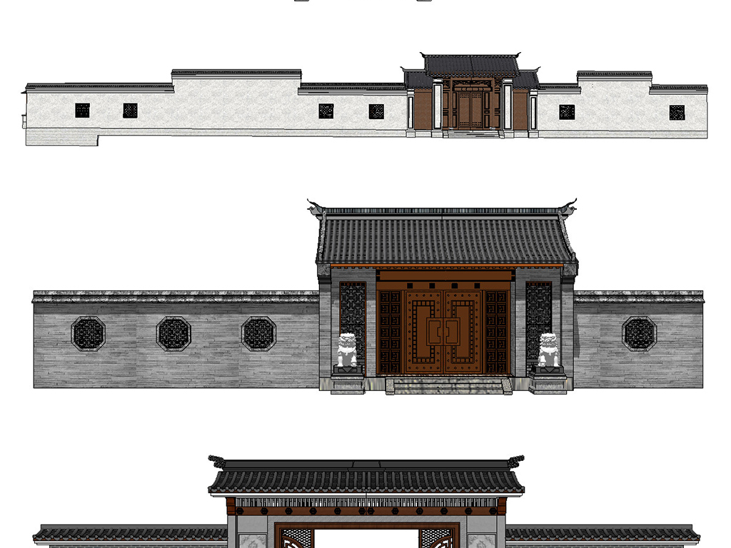 中式院门围墙su模型