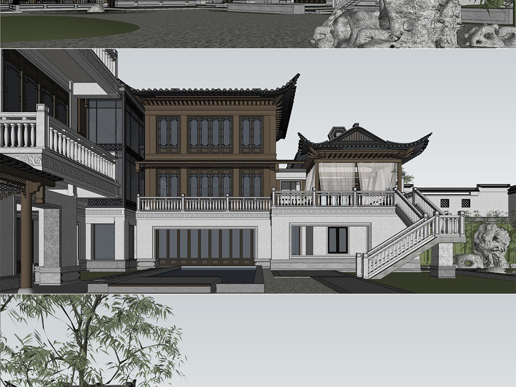 新中式别墅别墅景观设计独栋豪宅庭院建筑模型别墅轻型环保图片