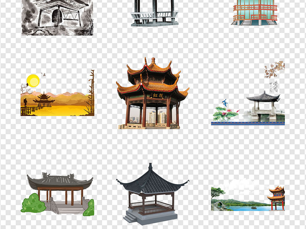 中式建筑古风亭子水墨山水装饰素材