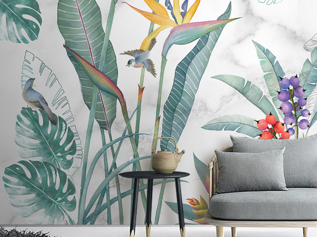 原创北欧手绘小清新热带植物花鸟背景墙壁画