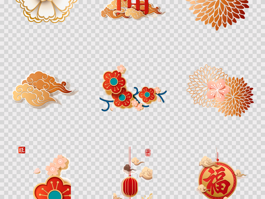 2019猪年新年春节立体装饰花朵祥云PNG素材