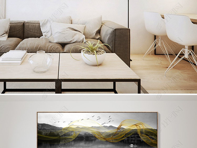 现代抽象黑白意境山水画新中式金色线条画