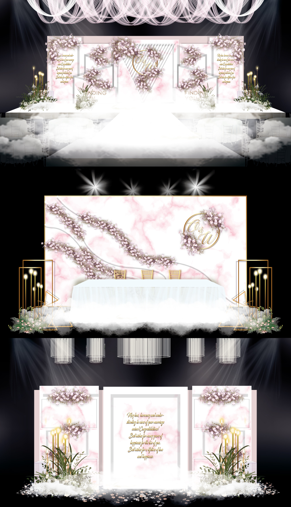 原创小香风大理石纹婚礼效果图设计欧式婚庆舞台背景-版权可商用