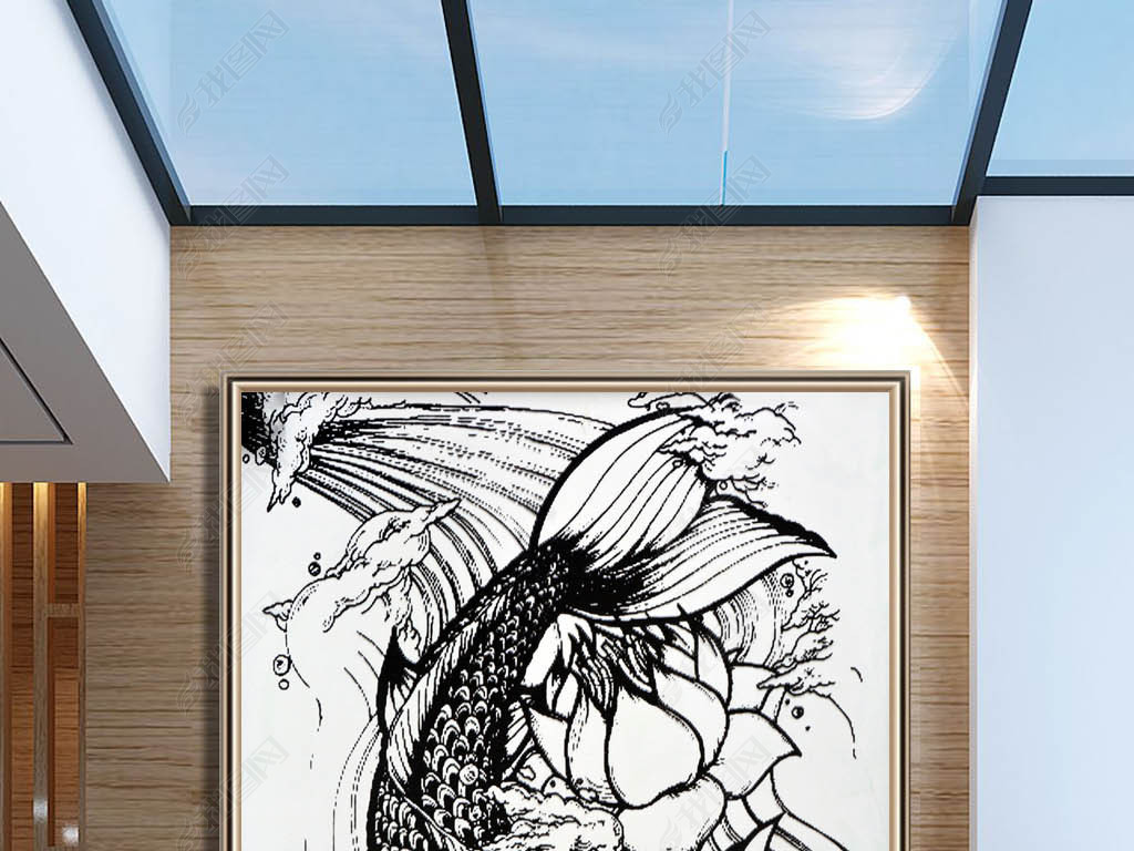原创黑白线条年年有余客厅装饰画版权可商用