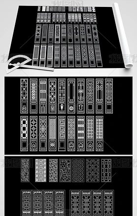 中式雕花花格cad仿古实木屏风镂空装饰雕刻隔断图案CAD施工图图块