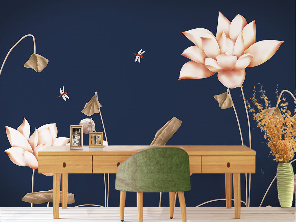 雅致荷叶红莲手绘工笔画背景墙