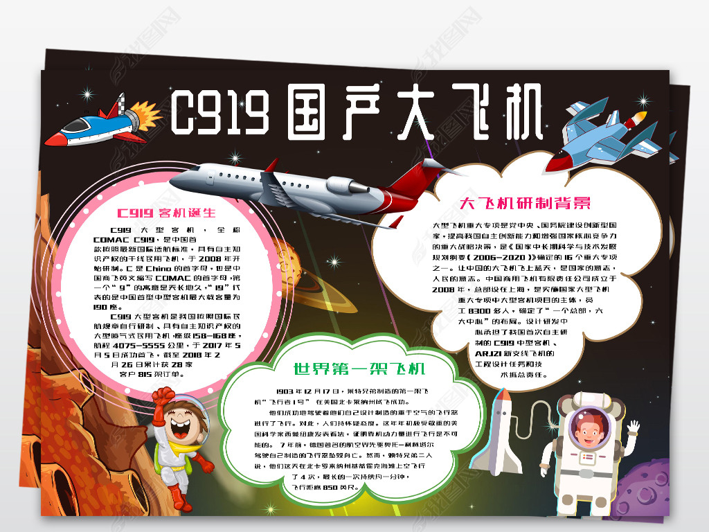 原创c919国产大飞机手抄报航天飞行梦想小报word模板版权可商用