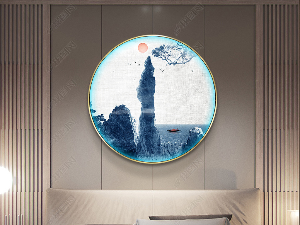 原创新中式意境山水风景画圆形装饰画水墨山水画版权可商用