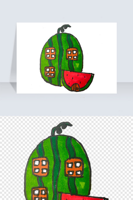 创意手绘房子西瓜png