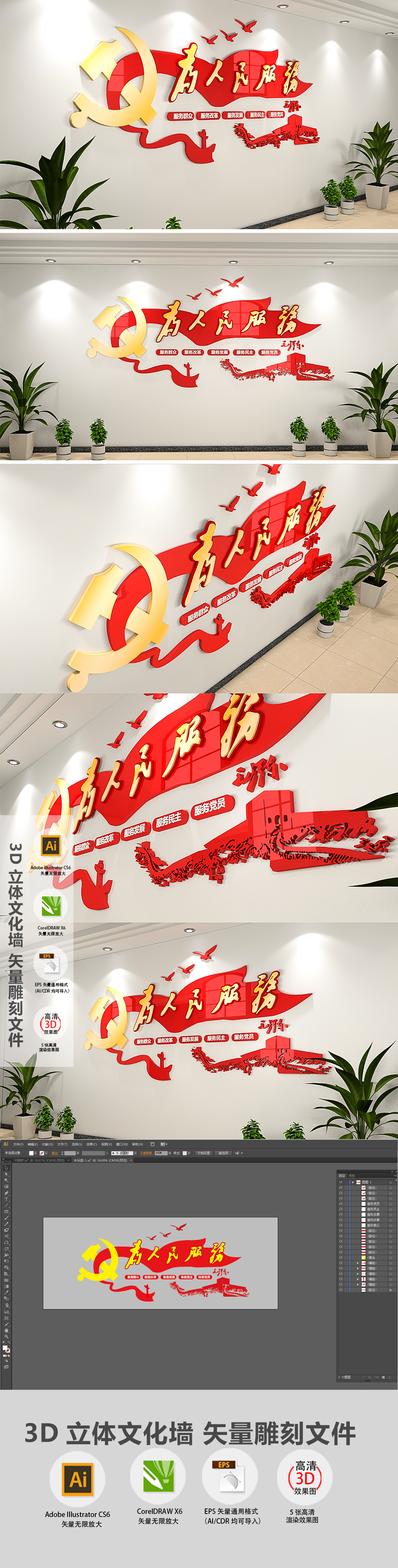 为人民服务五个服务党建文化墙模板