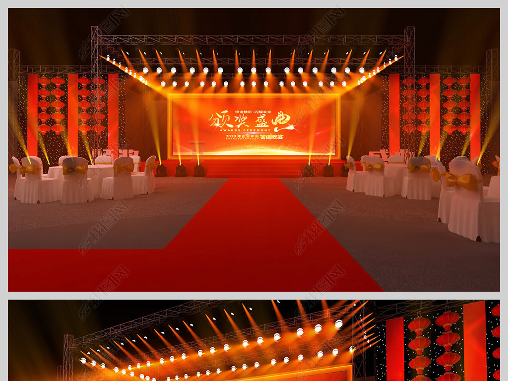 原创红色中式企业年会颁奖舞台效果图3d模型-版权可商用
