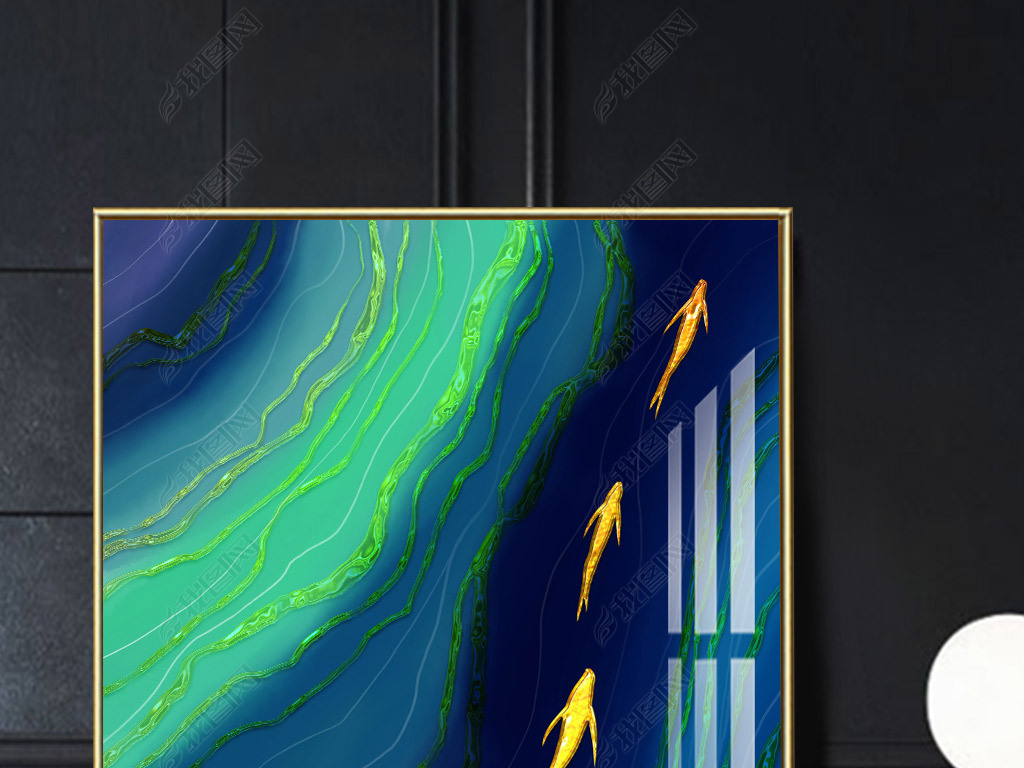 现代抽象线条河流金鱼玉石彩釉磁砖装饰画