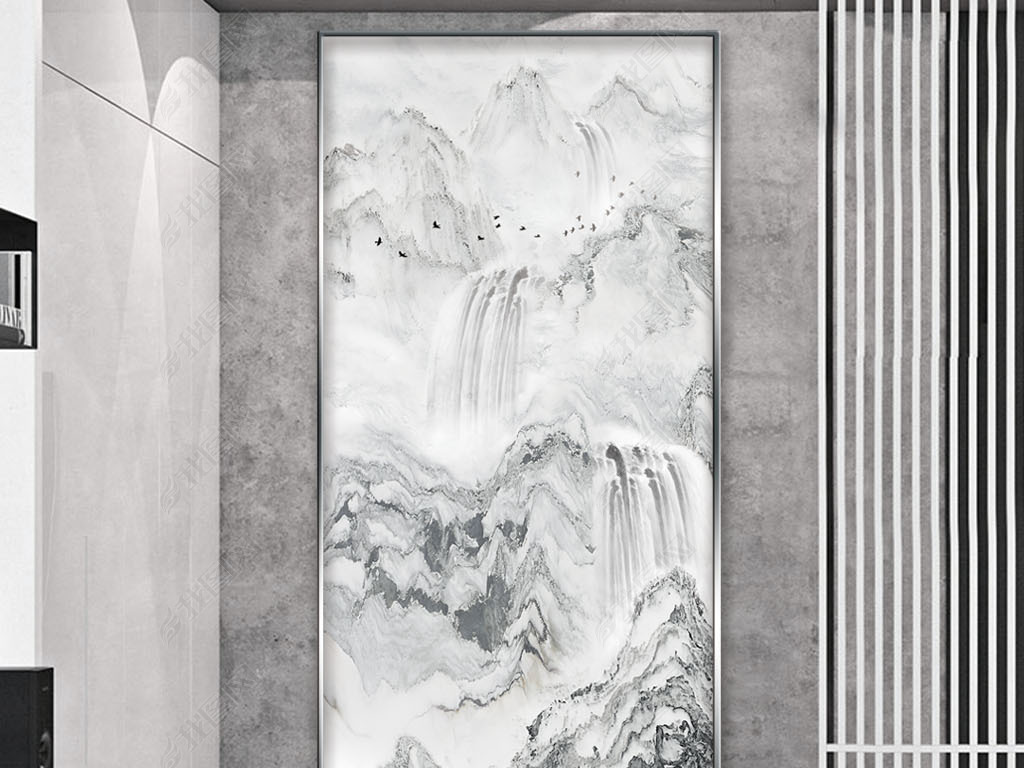 新中式大理石纹水墨山水风景玄关装饰画
