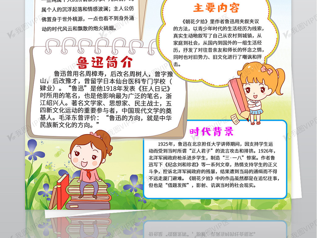 传统国学手抄报 读书小报之朝花夕拾文学家鲁迅书籍作品竖版小报 原创