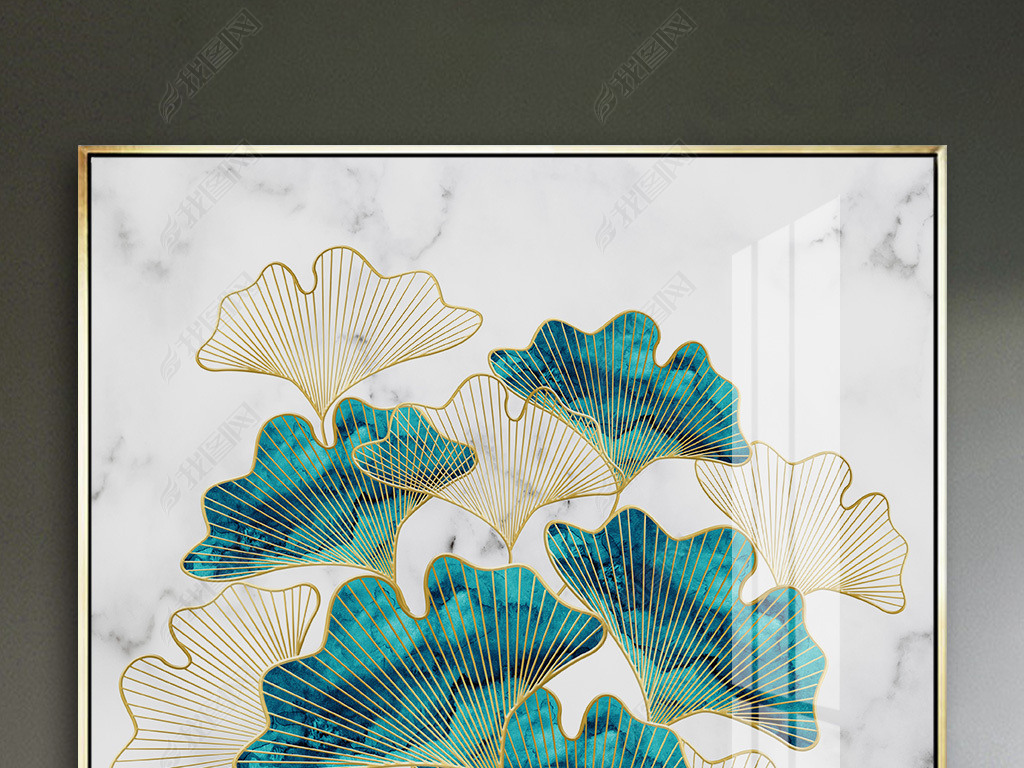 手绘现代简约金色银杏叶轻奢客厅玄关壁画装饰画