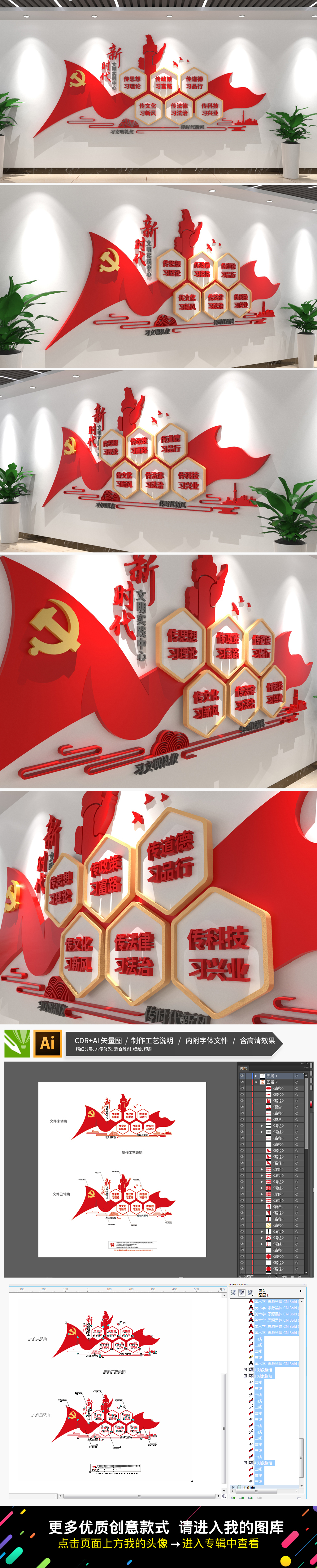 新时代文明实践中心实践形式六传六习党建文化墙