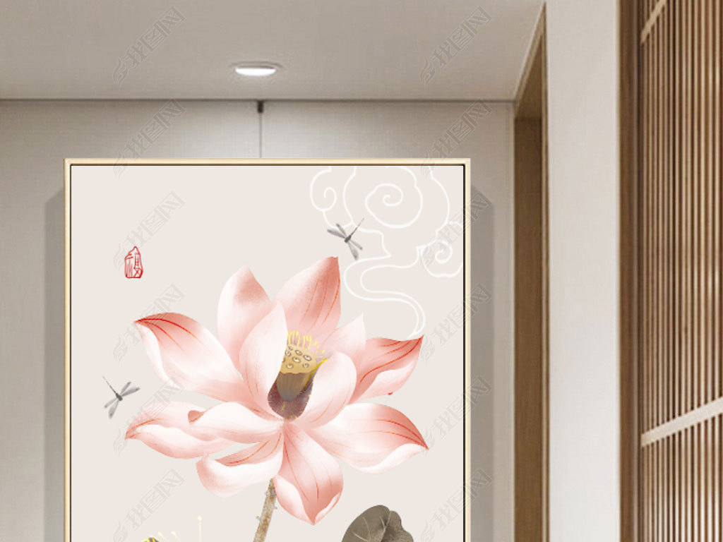 原创新中式手绘水墨荷花现代简约玄关装饰画2版权可商用