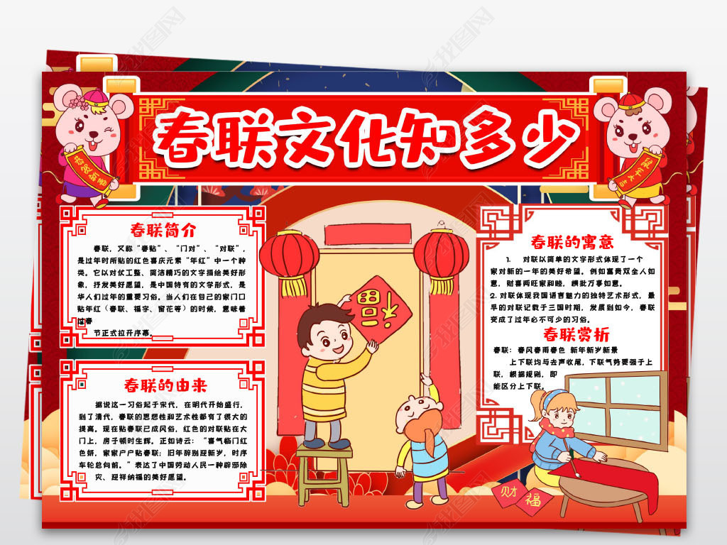 原创春联文化知多少小报手抄报春节鼠年习俗春联雄安堡手抄报word模板