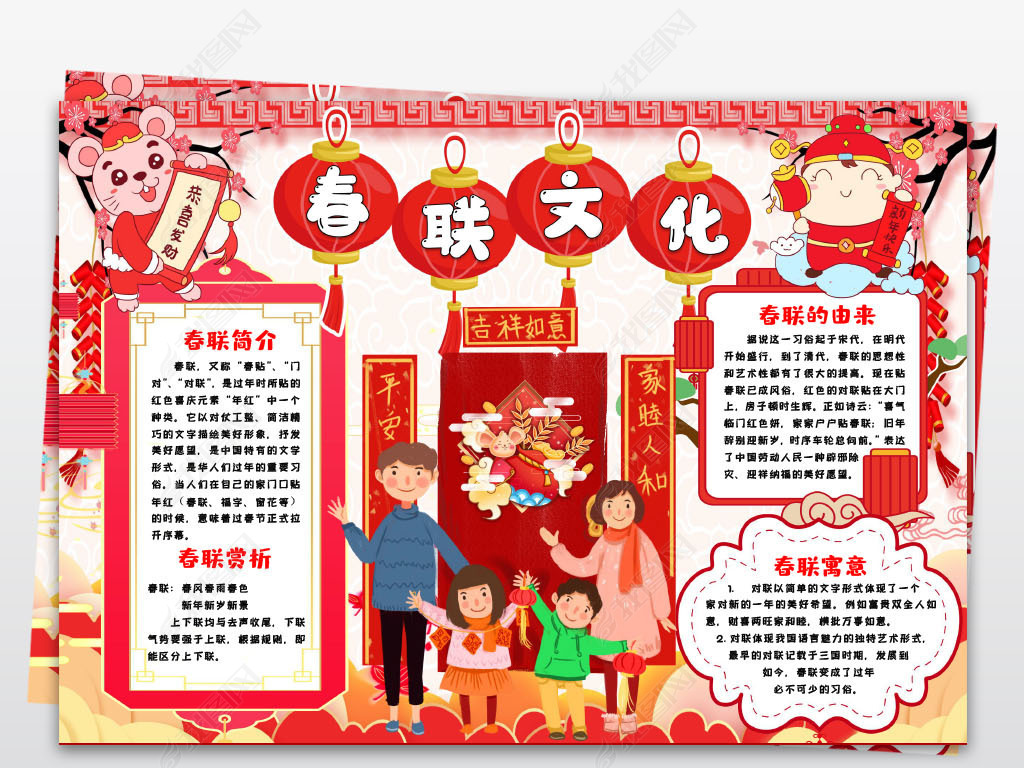 原创春联文化知多少手抄报小报春节鼠年习俗春联雄安堡手抄报word模板