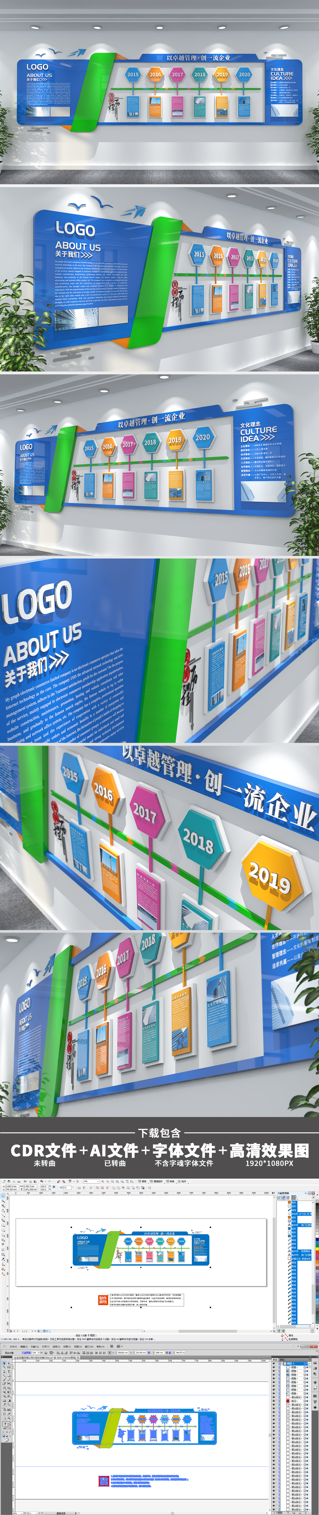 原创蓝色大气企业发展历程文化墙办公室形象墙-版权可商用
