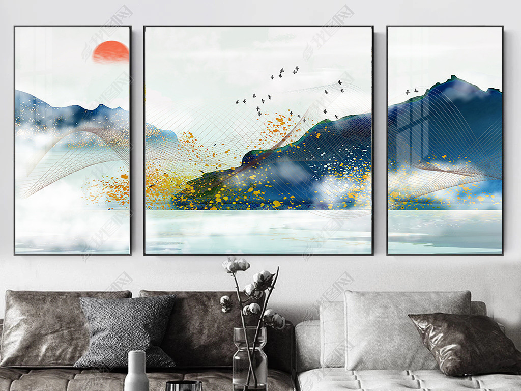 原创新中式抽象金色山水风景现代简约晶瓷装饰画