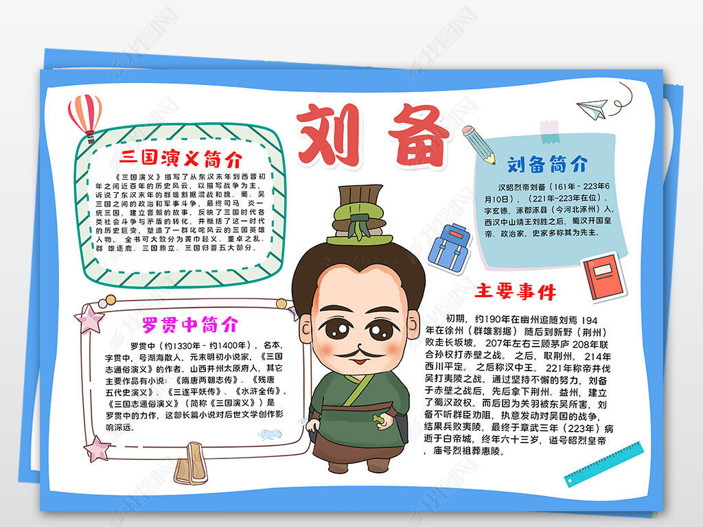 原创三国演义刘备小报中国名著绘画手抄报读书电子小报黑白涂色模板