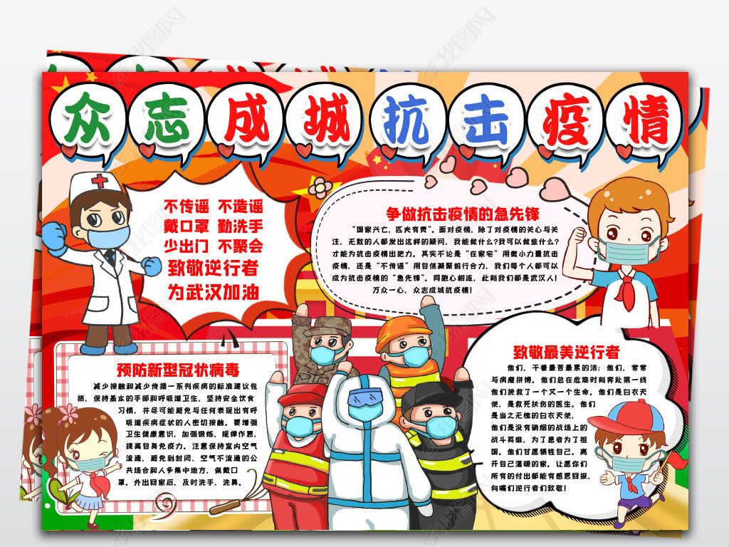 众志成城万众一心抗击疫情小报手抄报预防新型冠中病毒肺炎手抄报小报