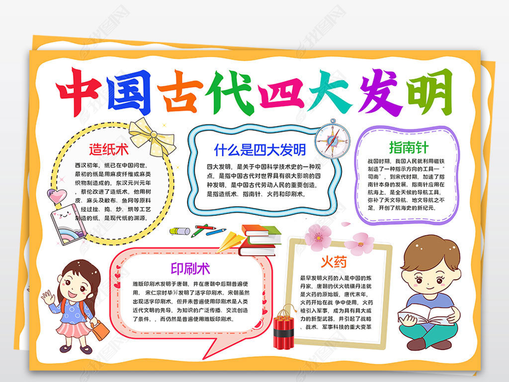 原创古代四大发明小报读书爱国手抄电子小报黑白涂色素材版权可商用